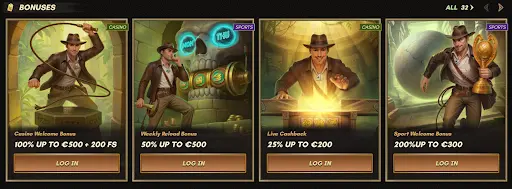 Écran des bonus du casino en ligne sankra présentant plusieurs offres distinctes, avec cartes illustrées d’aventure, catégories casino et sport, montants de récompenses visibles et accès direct via connexion à sankra casino